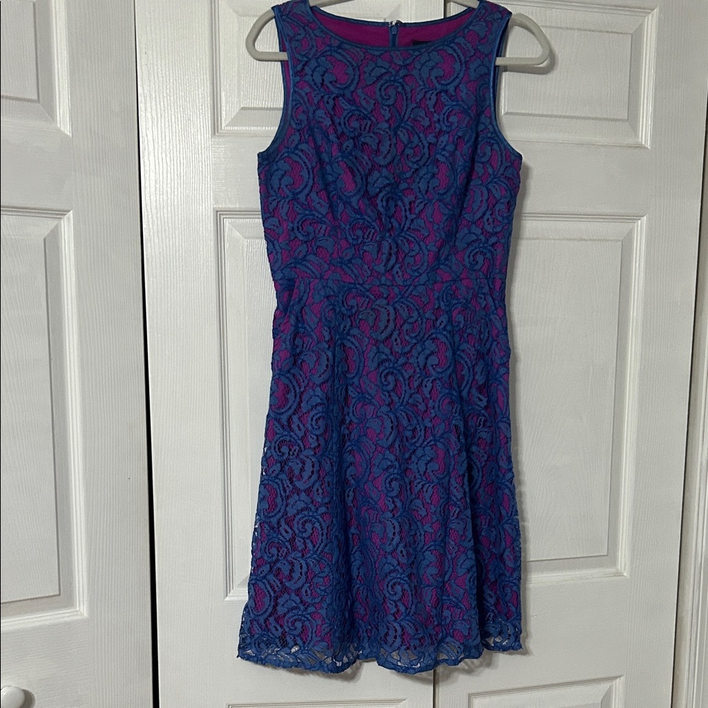 Chic Blue and Pink Lace Midi Dress